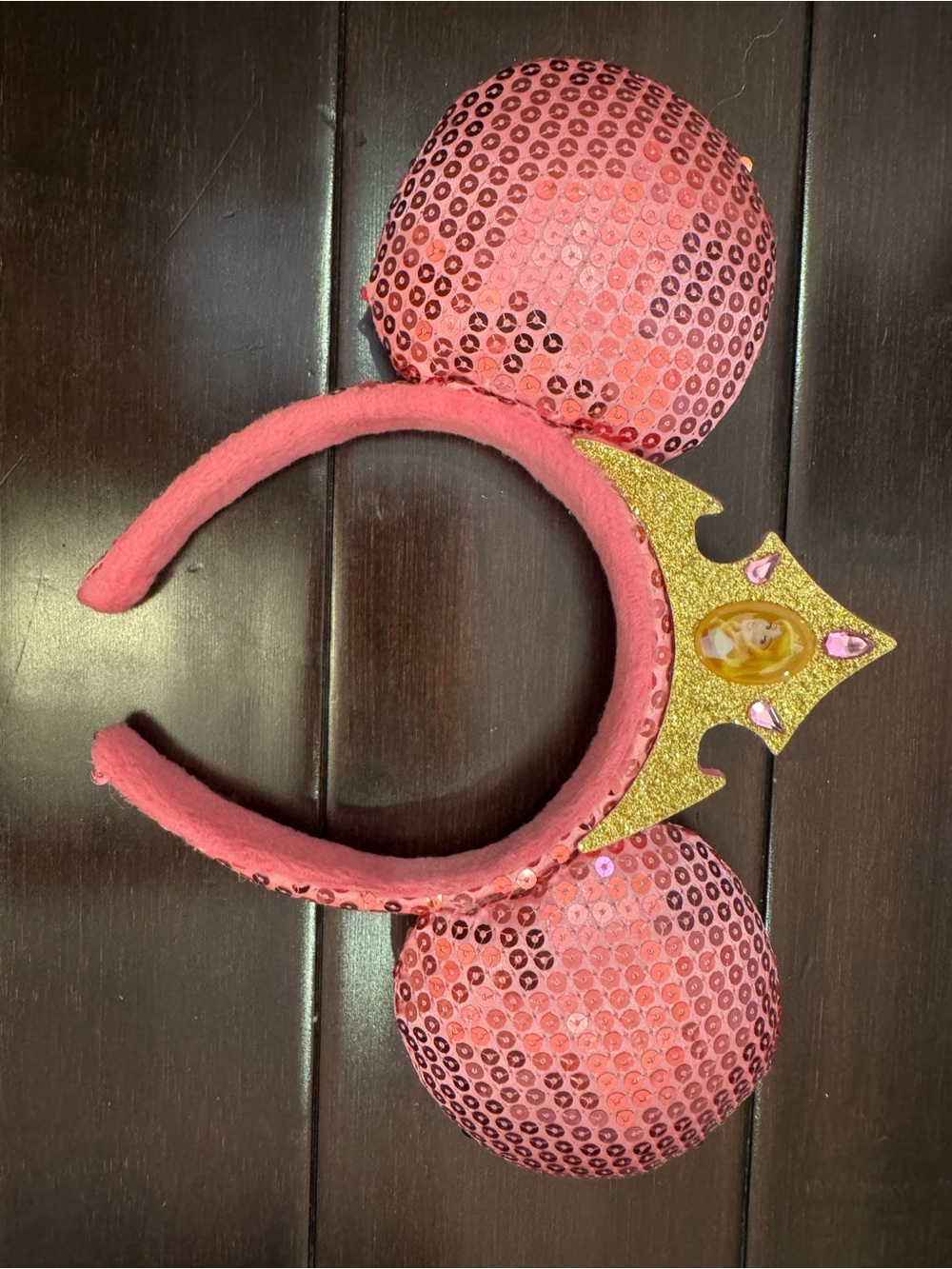 Sequin Pink Princess Ear Headband with Gold Glitter Crown